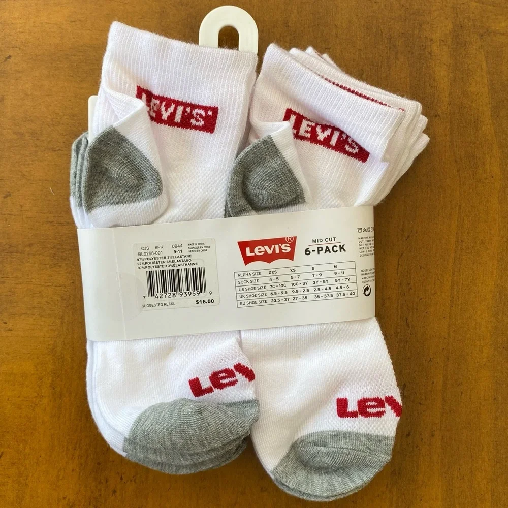 NWT Levi's Boys Mid Cut Socks 6-Pack - White and Gray - M (5Y-7Y)